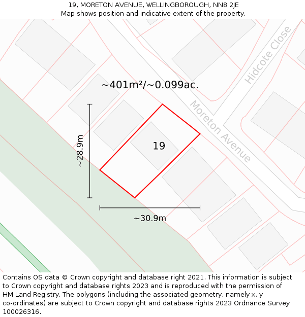 19, MORETON AVENUE, WELLINGBOROUGH, NN8 2JE: Plot and title map