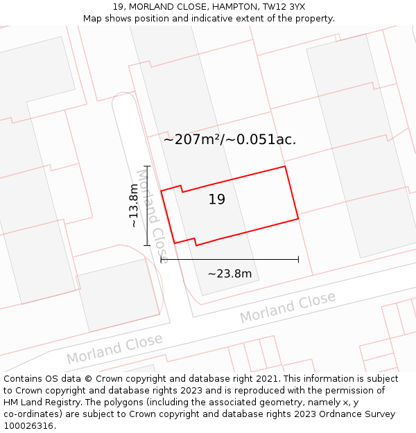 19, MORLAND CLOSE, HAMPTON, TW12 3YX: Plot and title map
