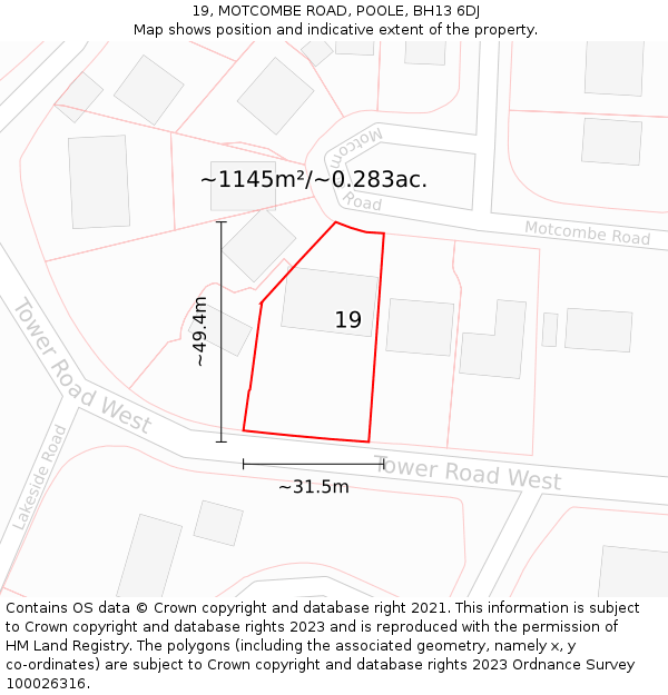 19, MOTCOMBE ROAD, POOLE, BH13 6DJ: Plot and title map