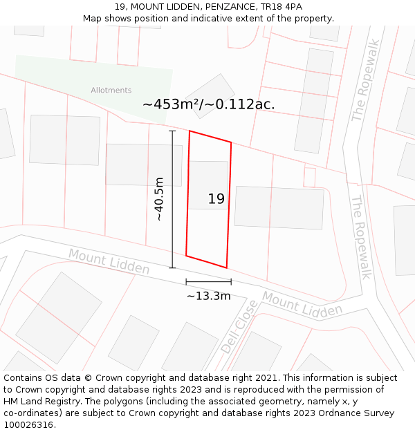 19, MOUNT LIDDEN, PENZANCE, TR18 4PA: Plot and title map
