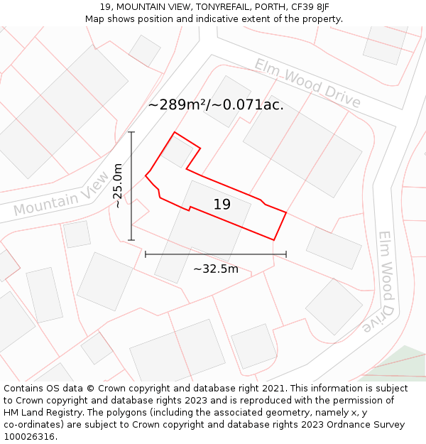 19, MOUNTAIN VIEW, TONYREFAIL, PORTH, CF39 8JF: Plot and title map