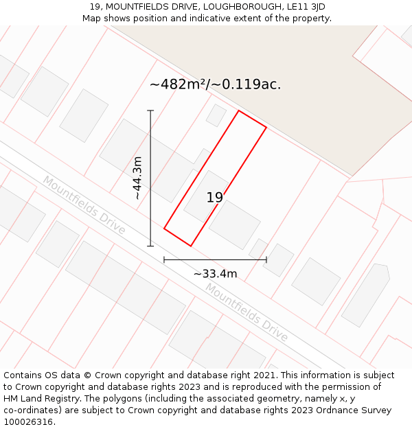 19, MOUNTFIELDS DRIVE, LOUGHBOROUGH, LE11 3JD: Plot and title map