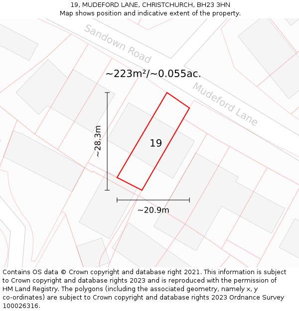 19, MUDEFORD LANE, CHRISTCHURCH, BH23 3HN: Plot and title map