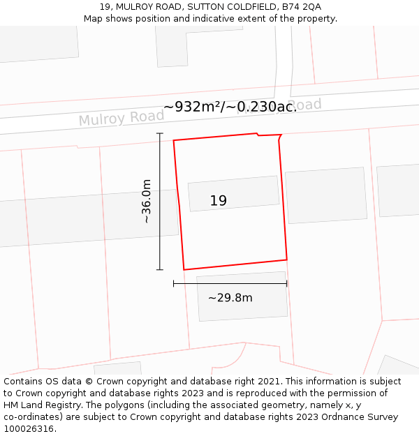19, MULROY ROAD, SUTTON COLDFIELD, B74 2QA: Plot and title map
