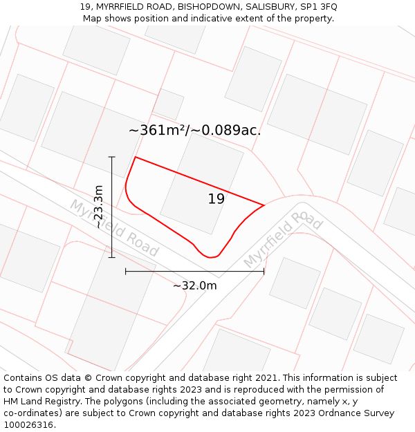 19, MYRRFIELD ROAD, BISHOPDOWN, SALISBURY, SP1 3FQ: Plot and title map