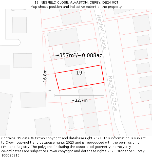 19, NESFIELD CLOSE, ALVASTON, DERBY, DE24 0QT: Plot and title map