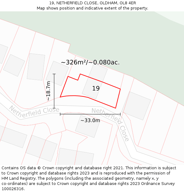19, NETHERFIELD CLOSE, OLDHAM, OL8 4ER: Plot and title map