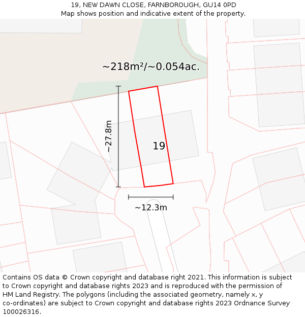 19, NEW DAWN CLOSE, FARNBOROUGH, GU14 0PD: Plot and title map