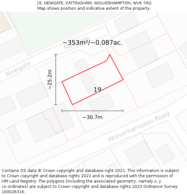 19, NEWGATE, PATTINGHAM, WOLVERHAMPTON, WV6 7AG: Plot and title map