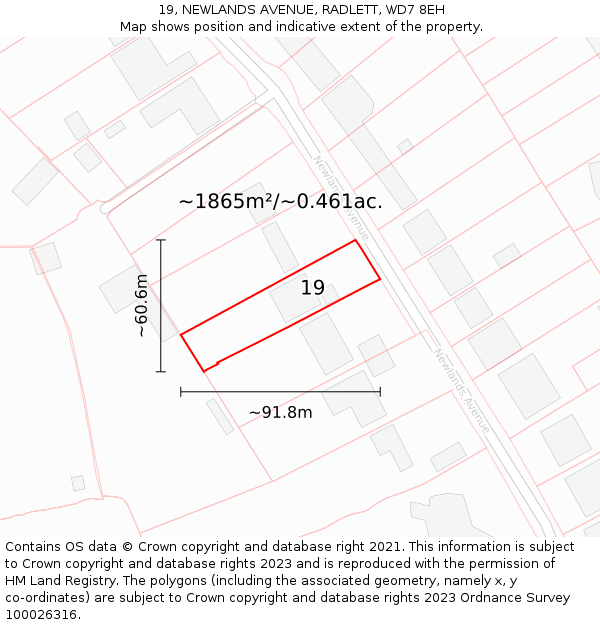 19, NEWLANDS AVENUE, RADLETT, WD7 8EH: Plot and title map