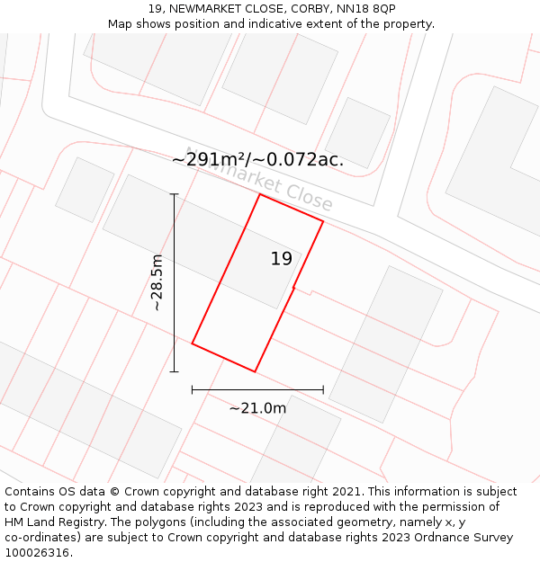 19, NEWMARKET CLOSE, CORBY, NN18 8QP: Plot and title map