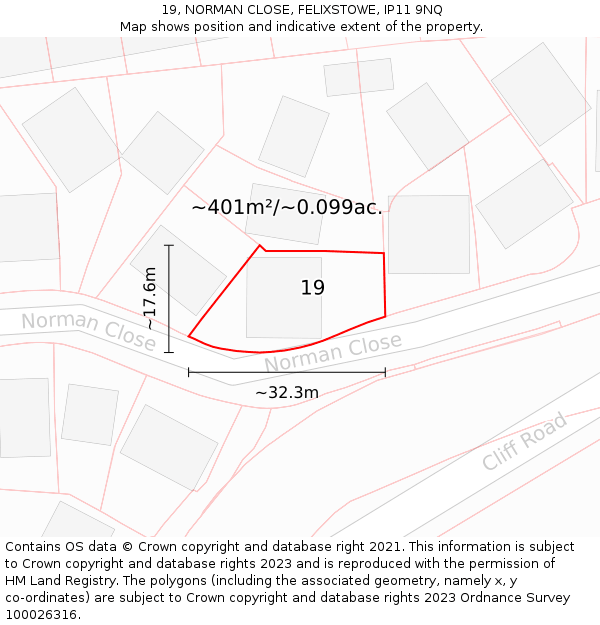 19, NORMAN CLOSE, FELIXSTOWE, IP11 9NQ: Plot and title map