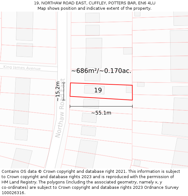 19, NORTHAW ROAD EAST, CUFFLEY, POTTERS BAR, EN6 4LU: Plot and title map