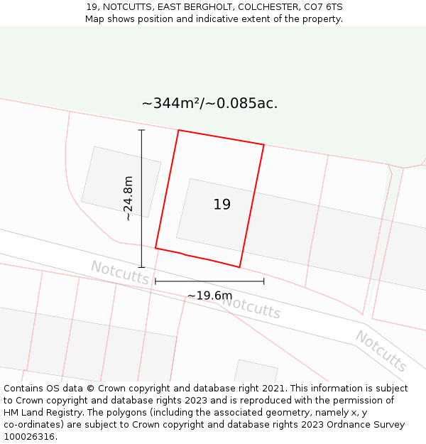 19, NOTCUTTS, EAST BERGHOLT, COLCHESTER, CO7 6TS: Plot and title map