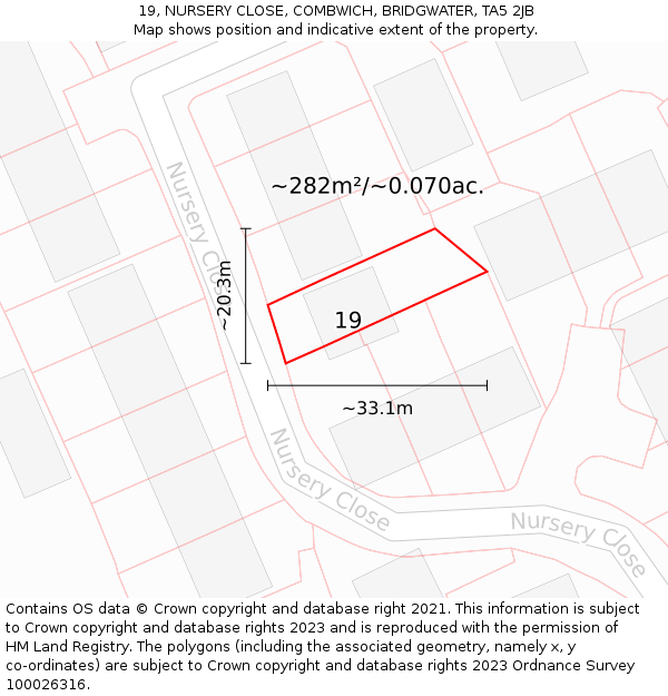 19, NURSERY CLOSE, COMBWICH, BRIDGWATER, TA5 2JB: Plot and title map