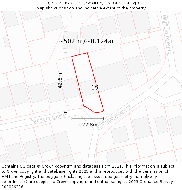 19, NURSERY CLOSE, SAXILBY, LINCOLN, LN1 2JD: Plot and title map