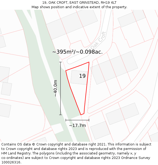19, OAK CROFT, EAST GRINSTEAD, RH19 4LT: Plot and title map