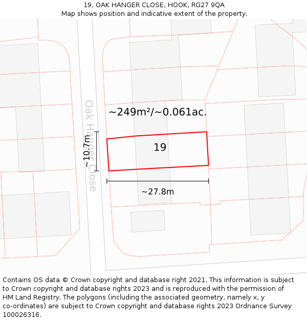 19, OAK HANGER CLOSE, HOOK, RG27 9QA: Plot and title map