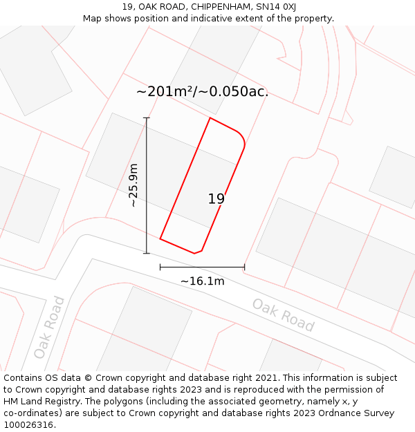 19, OAK ROAD, CHIPPENHAM, SN14 0XJ: Plot and title map