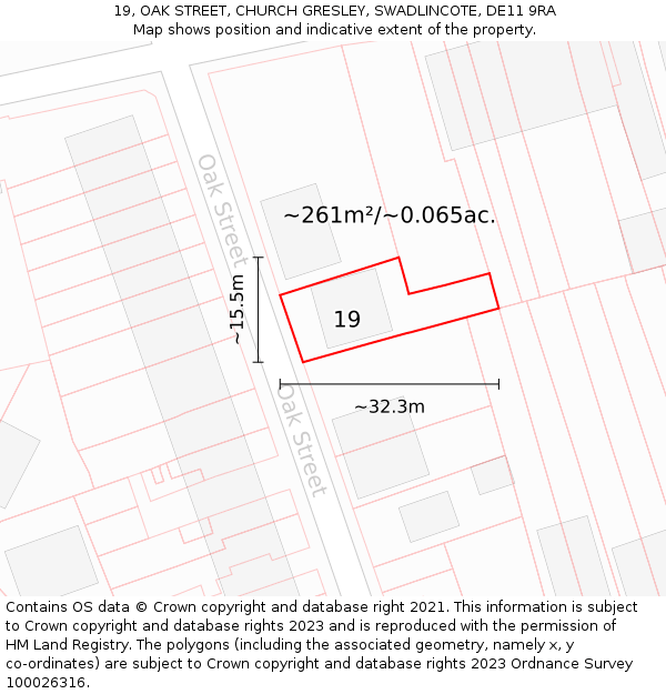 19, OAK STREET, CHURCH GRESLEY, SWADLINCOTE, DE11 9RA: Plot and title map