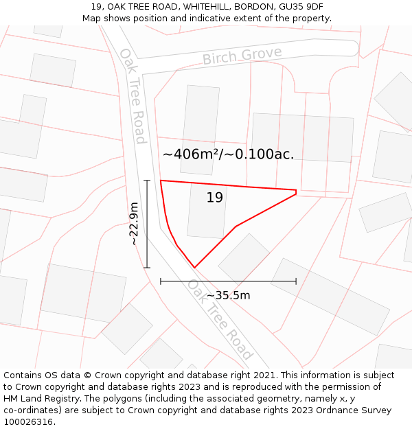 19, OAK TREE ROAD, WHITEHILL, BORDON, GU35 9DF: Plot and title map