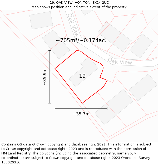 19, OAK VIEW, HONITON, EX14 2UD: Plot and title map