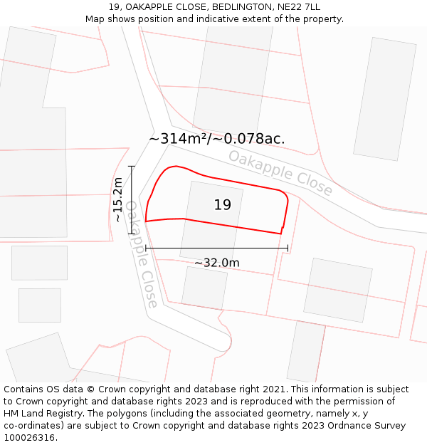 19, OAKAPPLE CLOSE, BEDLINGTON, NE22 7LL: Plot and title map