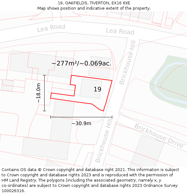 19, OAKFIELDS, TIVERTON, EX16 6XE: Plot and title map