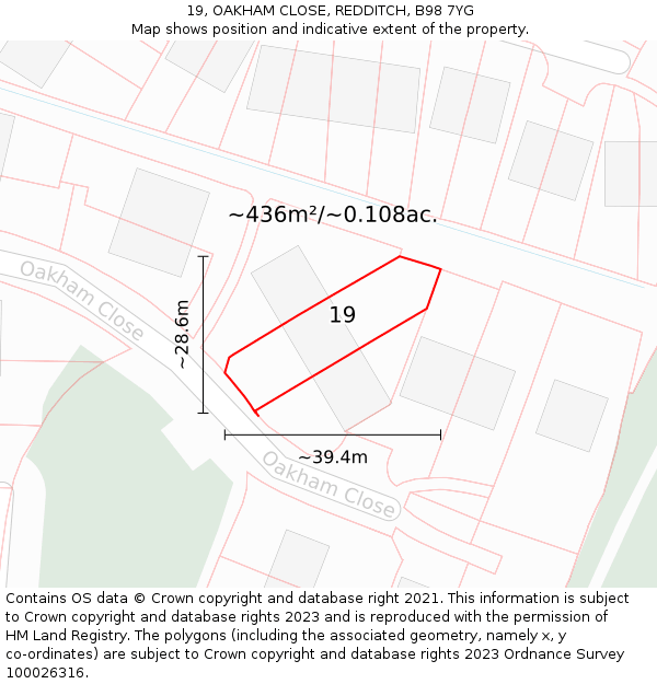 19, OAKHAM CLOSE, REDDITCH, B98 7YG: Plot and title map