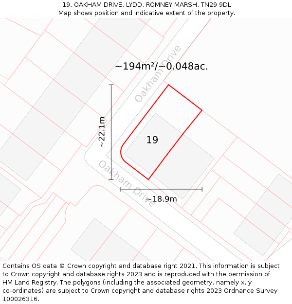19, OAKHAM DRIVE, LYDD, ROMNEY MARSH, TN29 9DL: Plot and title map