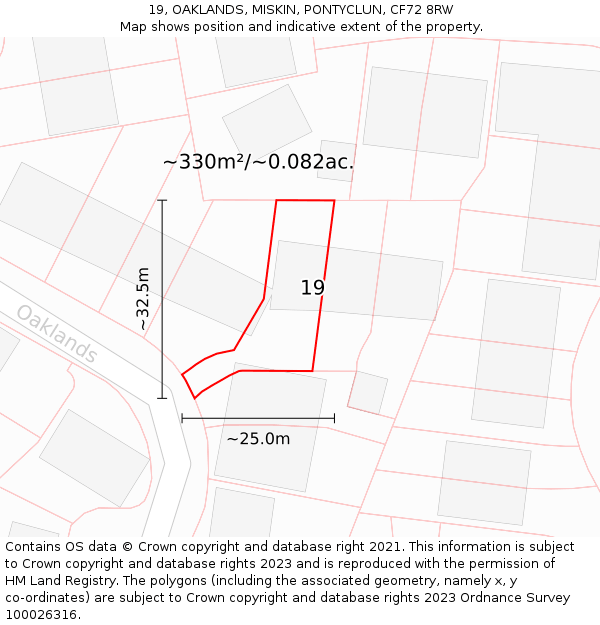 19, OAKLANDS, MISKIN, PONTYCLUN, CF72 8RW: Plot and title map