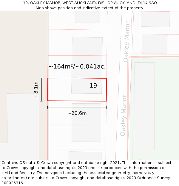 19, OAKLEY MANOR, WEST AUCKLAND, BISHOP AUCKLAND, DL14 9AQ: Plot and title map