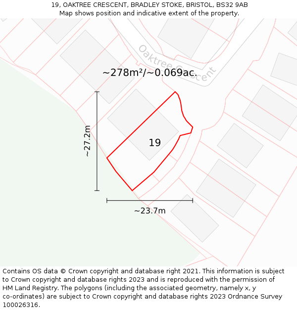 19, OAKTREE CRESCENT, BRADLEY STOKE, BRISTOL, BS32 9AB: Plot and title map