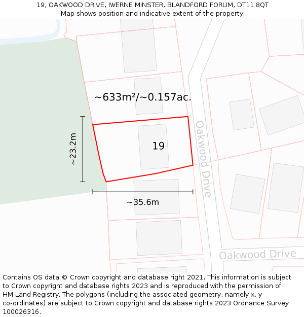 19, OAKWOOD DRIVE, IWERNE MINSTER, BLANDFORD FORUM, DT11 8QT: Plot and title map