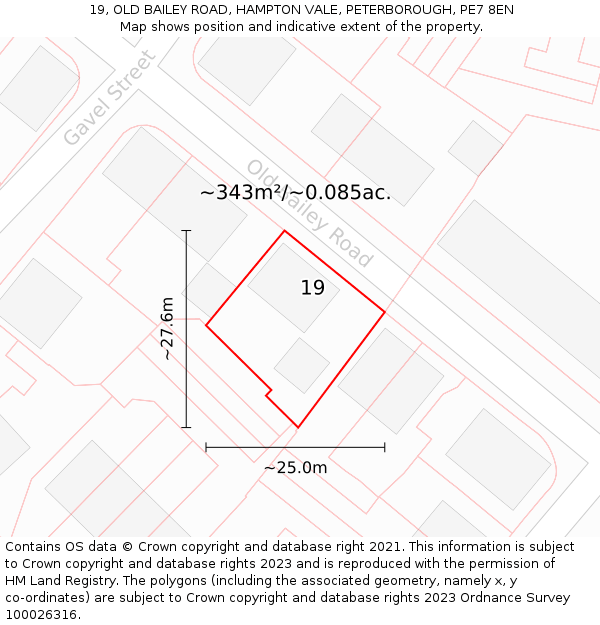 19, OLD BAILEY ROAD, HAMPTON VALE, PETERBOROUGH, PE7 8EN: Plot and title map