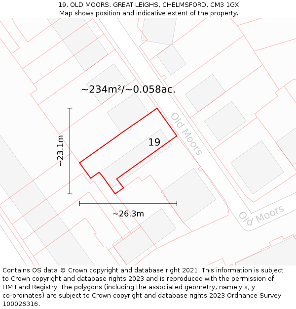19, OLD MOORS, GREAT LEIGHS, CHELMSFORD, CM3 1GX: Plot and title map