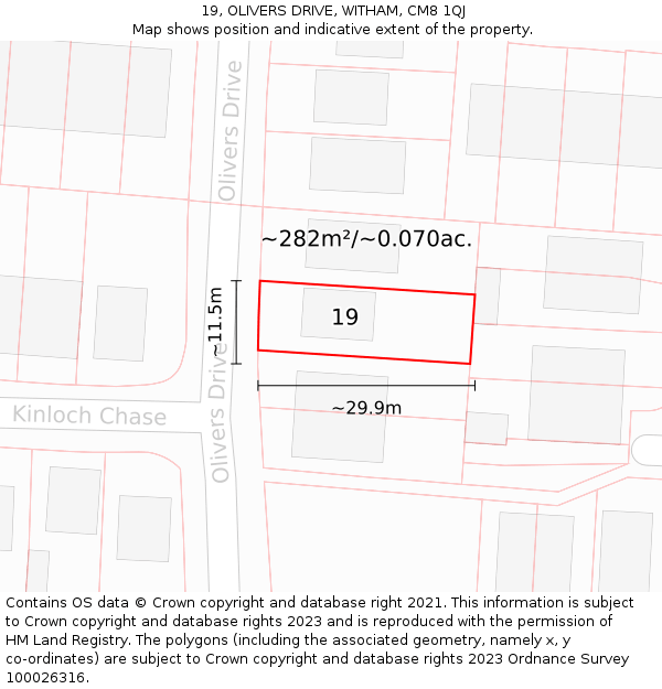 19, OLIVERS DRIVE, WITHAM, CM8 1QJ: Plot and title map