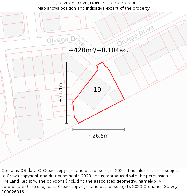19, OLVEGA DRIVE, BUNTINGFORD, SG9 9FJ: Plot and title map