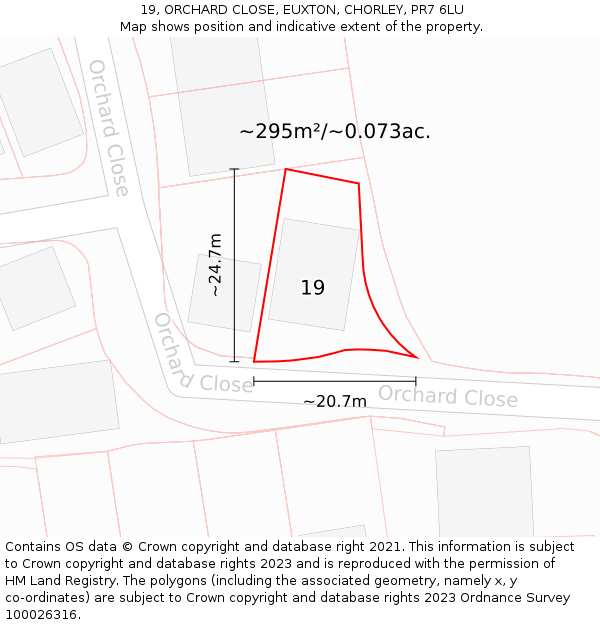 19, ORCHARD CLOSE, EUXTON, CHORLEY, PR7 6LU: Plot and title map