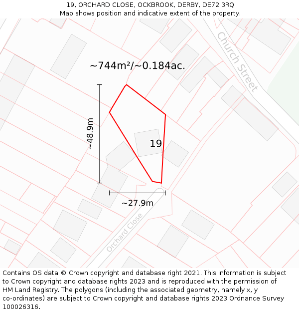 19, ORCHARD CLOSE, OCKBROOK, DERBY, DE72 3RQ: Plot and title map