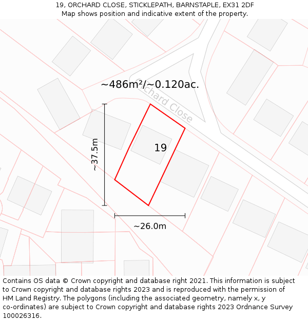 19, ORCHARD CLOSE, STICKLEPATH, BARNSTAPLE, EX31 2DF: Plot and title map