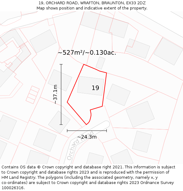 19, ORCHARD ROAD, WRAFTON, BRAUNTON, EX33 2DZ: Plot and title map