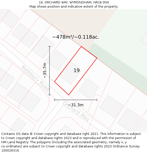 19, ORCHARD WAY, WYMONDHAM, NR18 0NX: Plot and title map