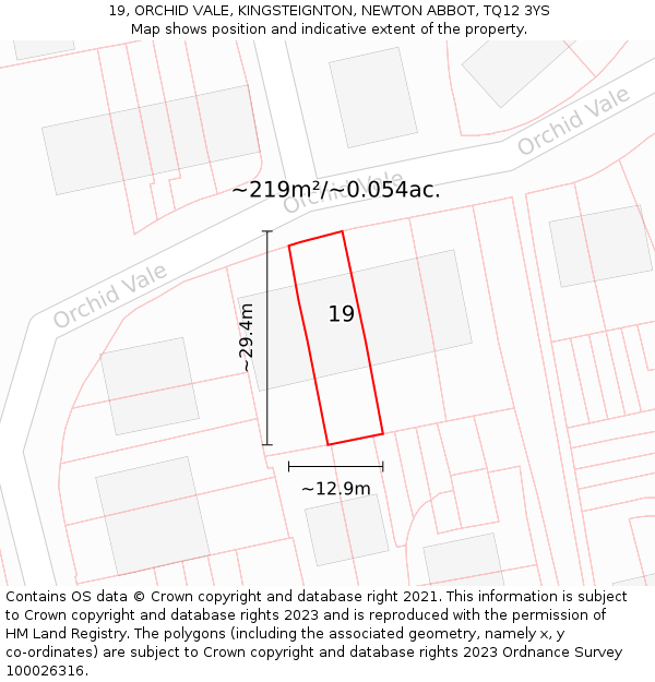 19, ORCHID VALE, KINGSTEIGNTON, NEWTON ABBOT, TQ12 3YS: Plot and title map
