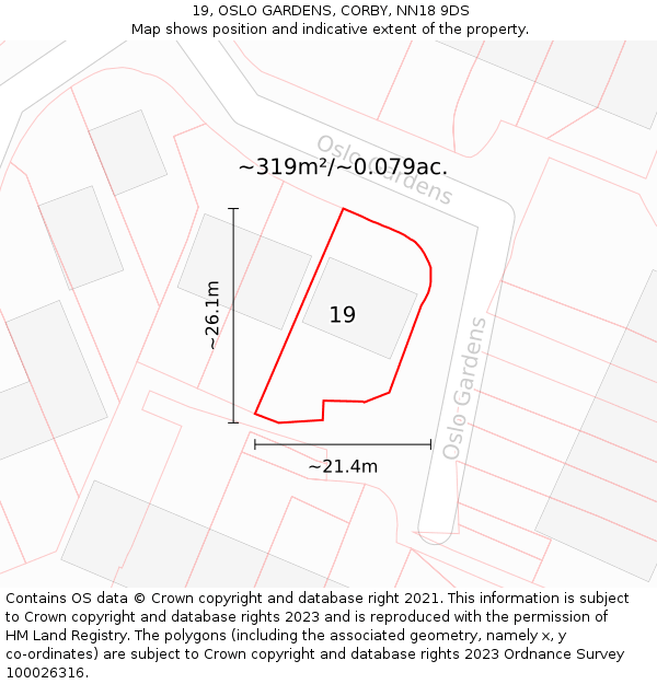 19, OSLO GARDENS, CORBY, NN18 9DS: Plot and title map