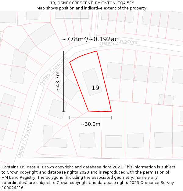19, OSNEY CRESCENT, PAIGNTON, TQ4 5EY: Plot and title map