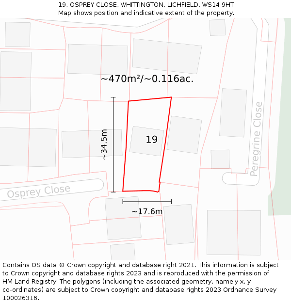 19, OSPREY CLOSE, WHITTINGTON, LICHFIELD, WS14 9HT: Plot and title map