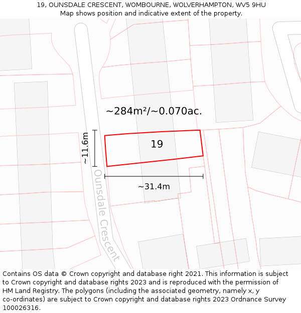19, OUNSDALE CRESCENT, WOMBOURNE, WOLVERHAMPTON, WV5 9HU: Plot and title map