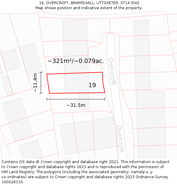 19, OVERCROFT, BRAMSHALL, UTTOXETER, ST14 5NQ: Plot and title map