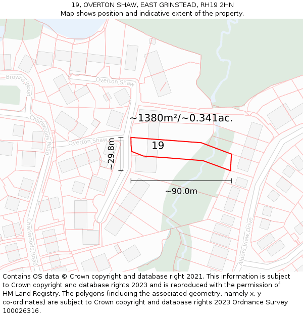 19, OVERTON SHAW, EAST GRINSTEAD, RH19 2HN: Plot and title map